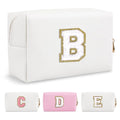 Small Personalized Initial A-Z Preppy Patch Makeup Bag,White PU Chenille Letter Travel Cosmetic Pouch with Zipper,Cute Toiletry Bag,Gift Ideal for Teen Girls Women Teacher Bridesmaid,Letter B