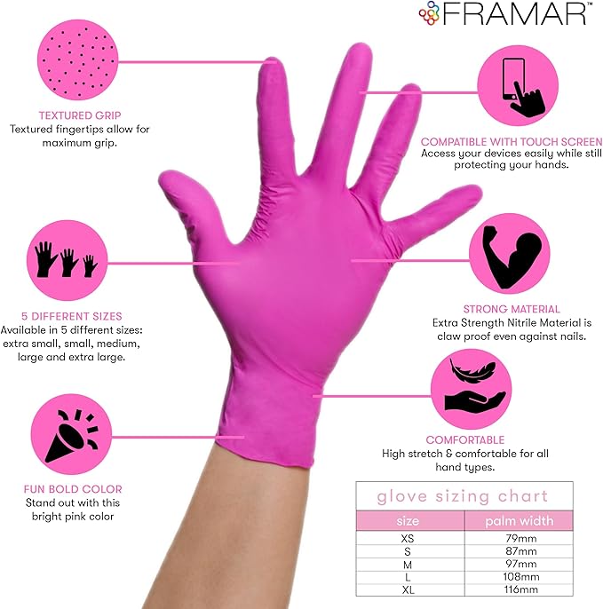 FRAMAR Pink Gloves Disposable Latex Free XL – Pink Nitrile Gloves xl, Nitrile Disposable Glove, Powder Free, For Hair Dye, Salon, Cleaning, Tattoo, Food Prep, Extra Durable – 100 Pack