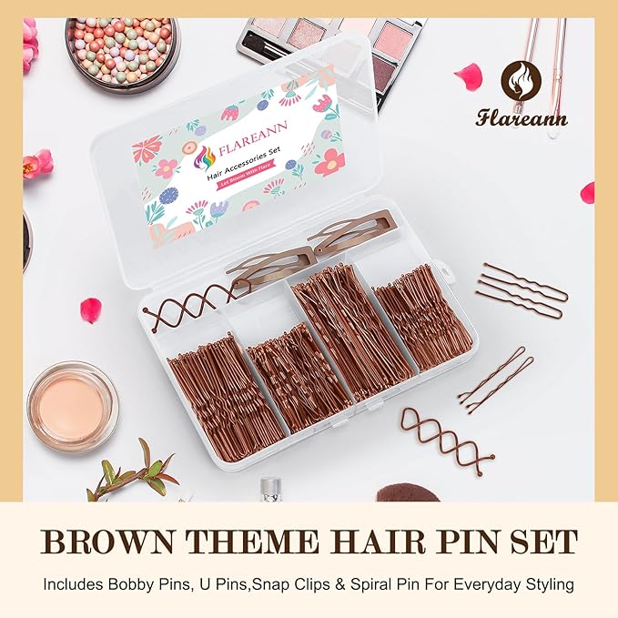 Bobby Pins Set Brown – Hair Kit with U Shape Pins, Spiral Pin & Snap Clips, for Women & Girls, Ideal for Buns, Updos, Weddings & Parties