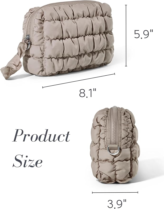 Yarnic Quilted Makeup Bag Puffy Cosmetic Bag, Travel Toiletry Bag for Women, Cute Makeup Bag Organizer Puffer Makeup Pouch (M, Taupe)
