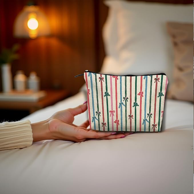 Coquette Christmas Ribbon Bow Makeup Bag, Preppy Red Green and Pink Striped Christmas Cosmetic Bags Gifts for Women, Girly Xmas Portable Travel Toiletry Bag Zipper Makeup Pouch