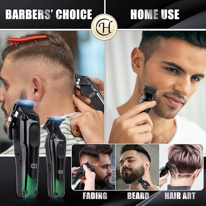 Hatteker Hair Clippers for Men Professional,Clippers and Trimmers Set T-Blade Barber Clippers Set Cordless Clippers Grooming Kit Rechargeable Beard Trimmers Type C Barbers Haircut Kit Green