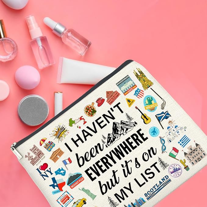 Travel Gifts Makeup Bag, Travelers Gifts for Women, Gifts for Women Who Like to Travel, Adventure I Haven't Been Everywhere But It's on My List Zipper Makeup Pouch