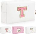 Personalized Initial Letter Patch Makeup Bag, Preppy Portable Chenille Letter Cosmetic Bag with Zipper, PU Leather Waterproof Travel Toiletry Bag Monogram Make Up Pouch for Women Girls(Letter T)