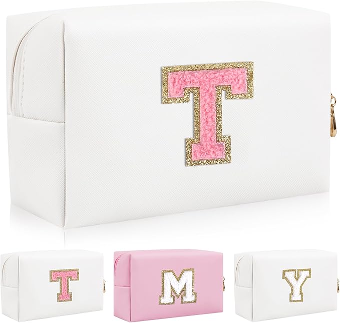 Personalized Initial Letter Patch Makeup Bag, Preppy Portable Chenille Letter Cosmetic Bag with Zipper, PU Leather Waterproof Travel Toiletry Bag Monogram Make Up Pouch for Women Girls(Letter T)