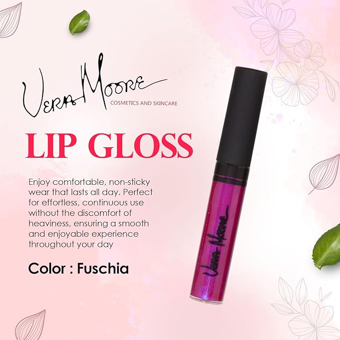 Vera Moore Lip Gloss, Moisturizing Lip Color with Shimmer for Long Lasting Shine, Lightweight Lip Stain, Girls Non-Sticky Lip Gloss with Aloe Vera, W/Vitamin C, E (Fuchsia, One Size)
