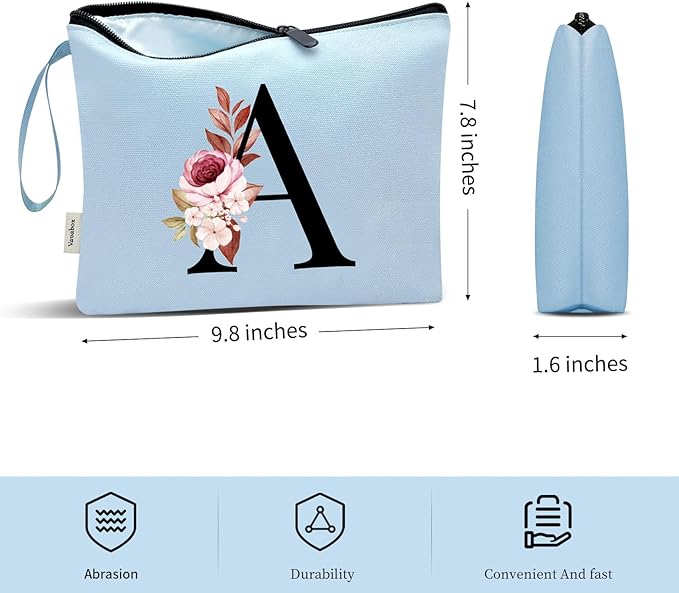 Vavabox A-Z Personalized Makeup Bag, Birthday Gifts for Women Mom, Gifts for Best Friend, Bride Bridesmaid Cosmetic bag (E, Blue)