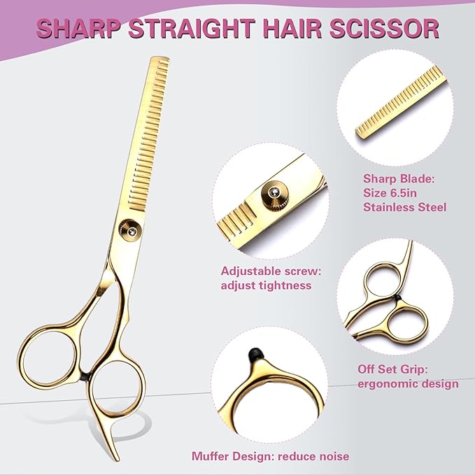 Hair Cutting Scissors Kit 11PCS, Professional Haircut Scissors with Japanese Stainless Steel Shears, Thinning Shears, Haircut Accessories in Leather Case for Salon/Home (Gold)