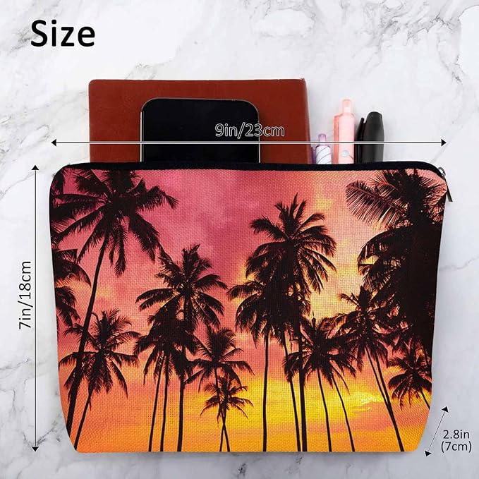 Tropical Beach Makeup Bags Makeup Organizer, Hawaii Ocean Beach Palm Trees Sunset Flax Toiletry Bags Travel Cosmetic Bag Makeup Purse Pouch Skincare Bag Wallet Bags For Women Female Mom