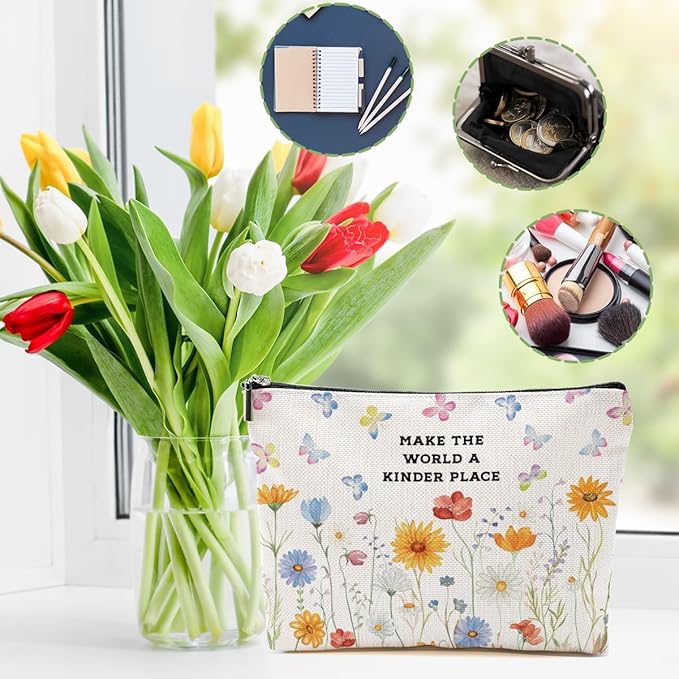 Inspirational Makeup Bag - Make The World A Kinder Place, Floral Positive Affirmations Cosmetic Bag Motivational Gifts for Women Travel Organizer Zipper Pouch Graduation Birthday Friendship Gifts
