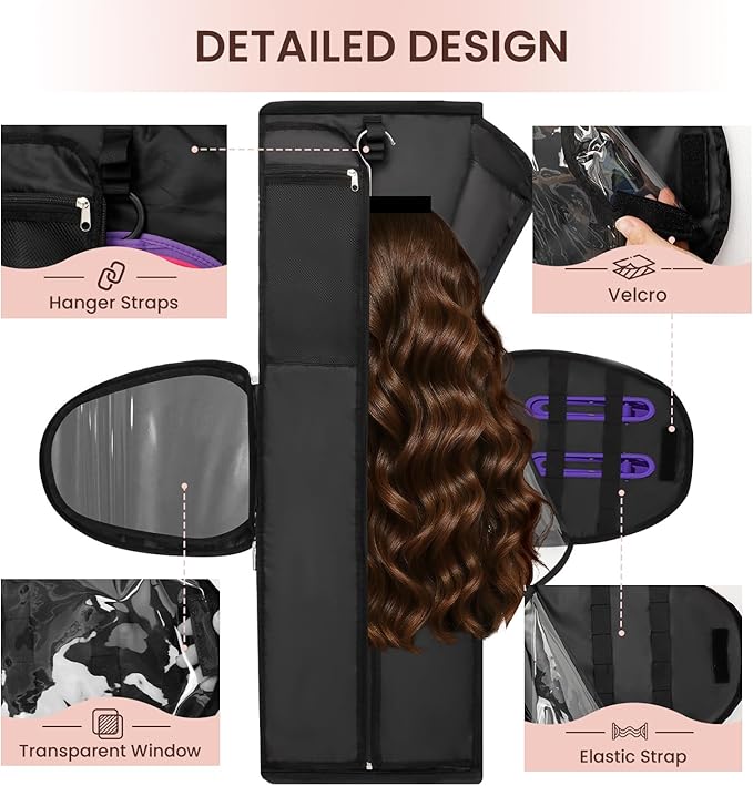 Wig Storage Bag Holds 3 Wigs Hair Tools Travel Bag Full-Open Breathable Organizer Case for Clips, Hair Dryer, Flat Curling Iron Brushes,Cosmetic Toiletry Tote Christmas Gift for Women Stylist