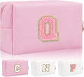 Personalized Initial Letter Patch Makeup Bag, Preppy Small Chenille Cosmetic Bag with Zipper, PU Leather Waterproof Travel Toiletry Bag Monogram Make Up Pouch for Women Girls