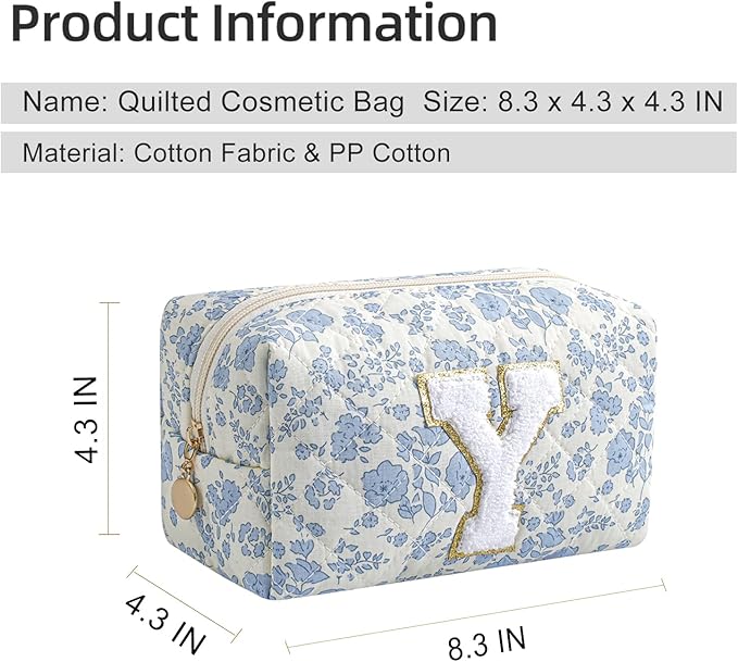 Gleyemor Personalized Initial Makeup Bag for Women, Cute Quilted Blue Floral Cotton Cosmetic Bag, Christmas Gifts for Her Mom Friend Sister Bridesmaid Teacher Women Y