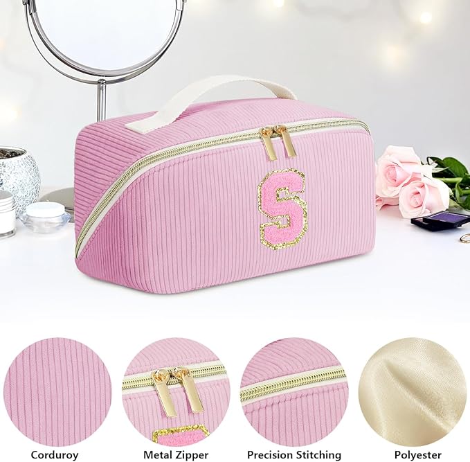 Personalized Initial Makeup Bag,Christmas Gifts for Girl,Preppy Bag Cosmetic Travel Bag Women,Travel Toiletry Organizer,Large Capacity Corduroy Stuff Bag,Cute Cosmetic Pouch Skincare Bag-X