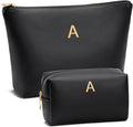 Women Gifts | Initial Makeup Bag Set for Girl Personalized Gifts for Bridesmaid Friend Graduation Teachers PU Leather Cosmetic Travel Toiletry Bag(Black,A)