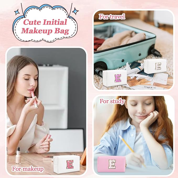 Personalized Initial Letter Makeup Bag, Preppy Glitter Letter Patch Cosmetic Pouch Zipper,PU Waterproof Travel Toiletry Bag Cute Makeup Organizer Monogrammed Make Up Bag,Gift for Women Girls(Letter E)