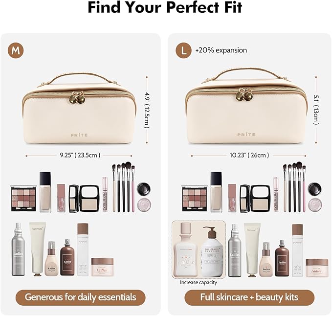 Prite Makeup Bag for Women Travel Waterproof Vegan Leather Cosmetic Bag Open Flat Toiletry Bag With Clear Divider and Handle (Large Beige)