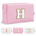 Personalized Initial A-Z Preppy Patch Makeup Bag,Small PU Chenille Letter Cosmetic Bag with Zipper for Teen Girls,Pink Cute Toiletry Organizer Bag,Monogram Makeup Case Gift for Women Girls,Letter H