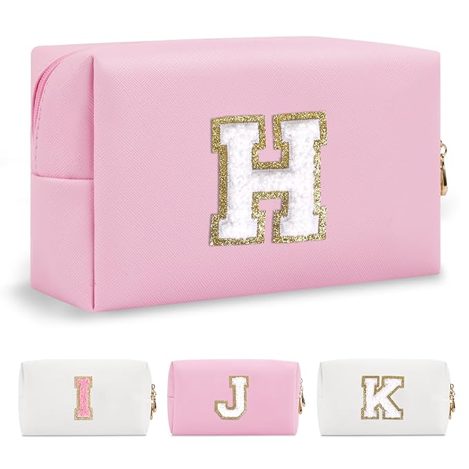 Personalized Initial A-Z Preppy Patch Makeup Bag,Small PU Chenille Letter Cosmetic Bag with Zipper for Teen Girls,Pink Cute Toiletry Organizer Bag,Monogram Makeup Case Gift for Women Girls,Letter H