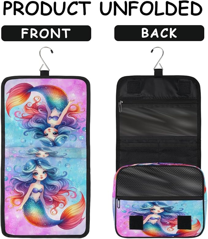 Travel Toiletry Bag for Women & Men Mermaid Rainbow Snowflake Hanging Cosmetic Organizer Portable Waterproof Makeup Case Make Up Bag with Compartments Travel Essentials for Bathroom Shower