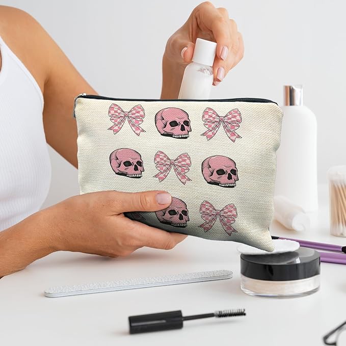 Goth Gothic Makeup Bag With Pink Bow - Skull Cosmetic Bag for Women, Girly, Cute Gothic Accessory for Skull Lovers