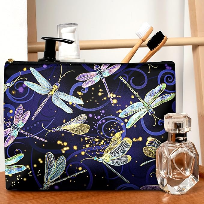 Cute Makeup Bag for Purse Waterproof Cosmetic Bags for Women Funny Smooth Zipper Travel Toiletry Pouch 10X8 Inches-Dragonfly Makeup pouch
