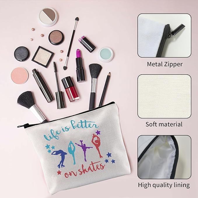 Ice Skate Cosmetic Bag Figure Skating Makeup Bag - Ideal Gift for Skate Lovers - Life Is Better On Skates Makeup Pouch Large Capacity Canvas Travel Bags