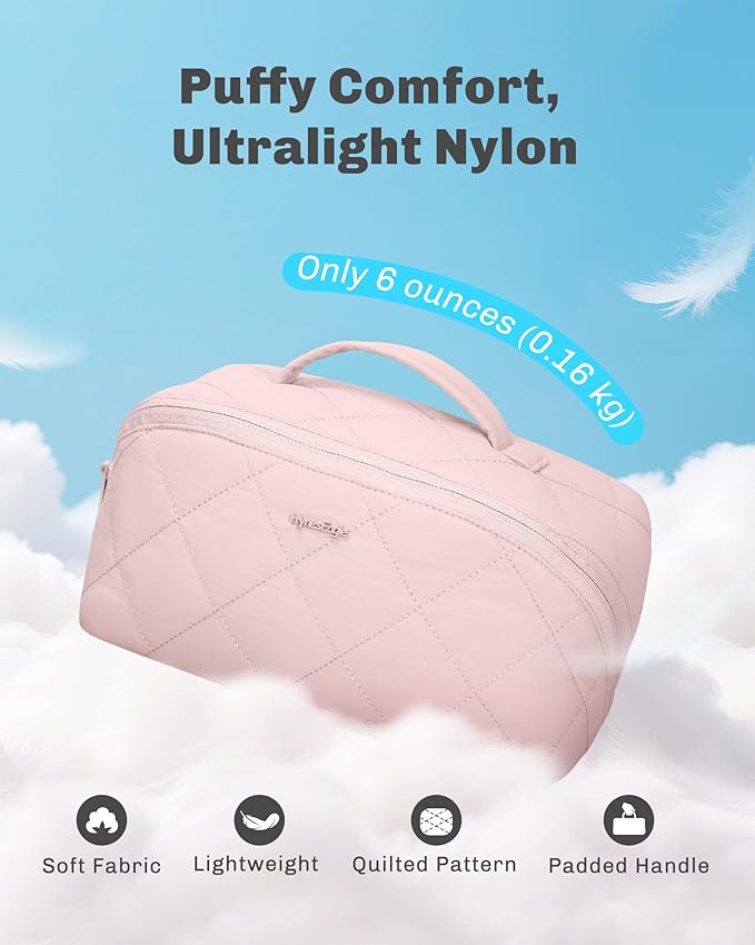 Hynes Eagle Travel Makeup Bag for Women Puffy Cosmetic Organizer Pouch Open Flat Toiletry Bag for Toiletries, Brushes Pink