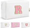 Small Travel Initial Preppy Makeup Bag, Personalized White Cute Cosmetic Organizer Chenille Letter Travel Toiltery Zipper Pouch, Waterproof PU Makeup Storage Gifts for Female Teacher Friend(Letter R)