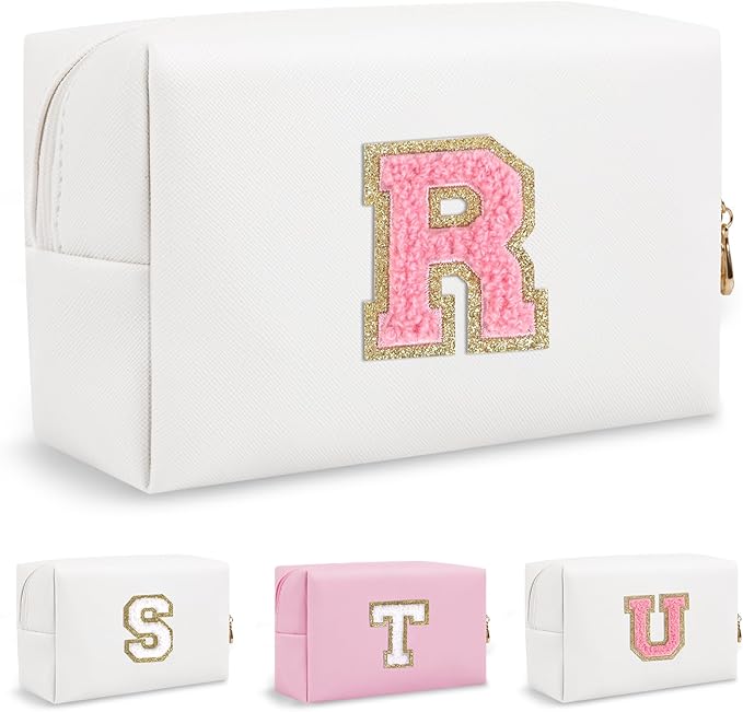 Small Travel Initial Preppy Makeup Bag, Personalized White Cute Cosmetic Organizer Chenille Letter Travel Toiltery Zipper Pouch, Waterproof PU Makeup Storage Gifts for Female Teacher Friend(Letter R)
