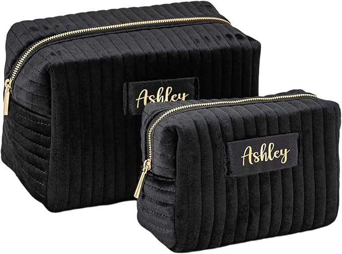 Personalized Makeup Bag, Black Velvet Custom Name Travel Makeup Bag for Women Teen Girls Birthday Gifts Mothers Day Gifts for Mom