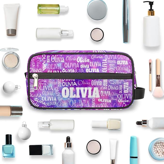 Custom Travel Cosmetic Bag with Name, Personalized Large Capacity Weekend Toiletry Bag Portable Bathroom Makeup Organizer, Watercolor Purple Galaxy