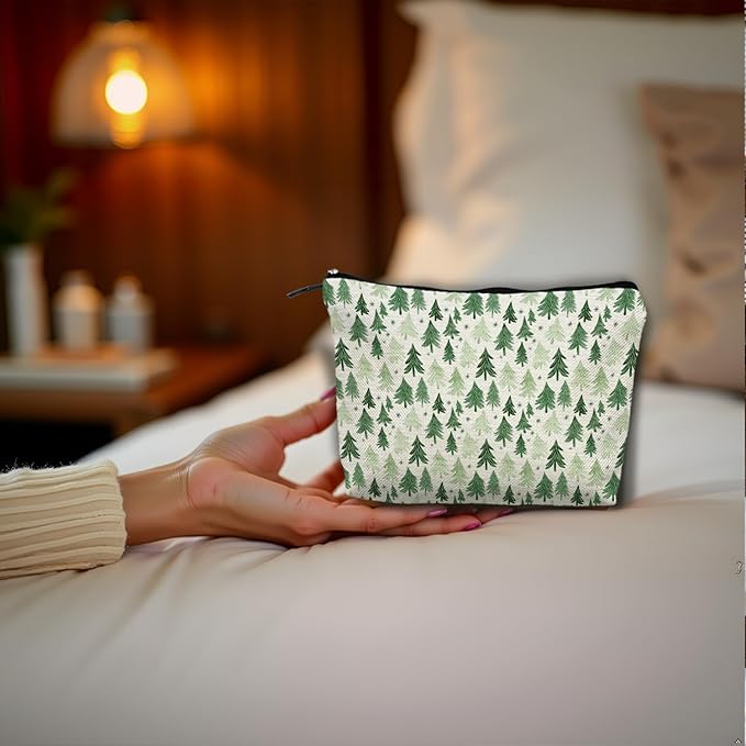 Forest Green Christmas Tree Makeup Bag, Rustic Pine Tree Cosmetic Bags Gifts for Women, Winter Christmas Portable Travel Toiletry Bag Zipper Makeup Pouch