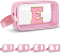 Initial Makeup Bag,Letter E Cute Clear Monogrammed Cosmetic Travel Bag for Womens Girls,Personalized Pink Aesthetic Traveling Make Up Organizer Bag for Beach,Waterproof Toiletry Bag