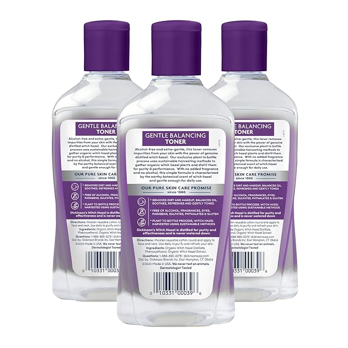 Dickinson's Original Witch Hazel Gentle Balancing Toner, 100% Natural Distilled Witch Hazel, Alcohol & Fragrance Free, Cleans Pores, Calms & Refines Skin, 16 Fl Oz, 3 Count