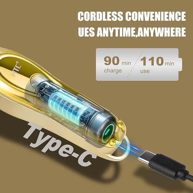 HTC Hair Clippers – Professional Cordless Rechargeable Hair Trimmer with Precision, Adjustable Speeds, and LED Display （Gold）