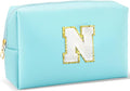 Gifts for Girls Initial Makeup Bag Personalized Cosmetic Bag with Zipper Cute Travel Toiletry Bag Waterproof PU Preppy Makeup Pouch Birthday Gift for Teen Girls Women(Blue N)