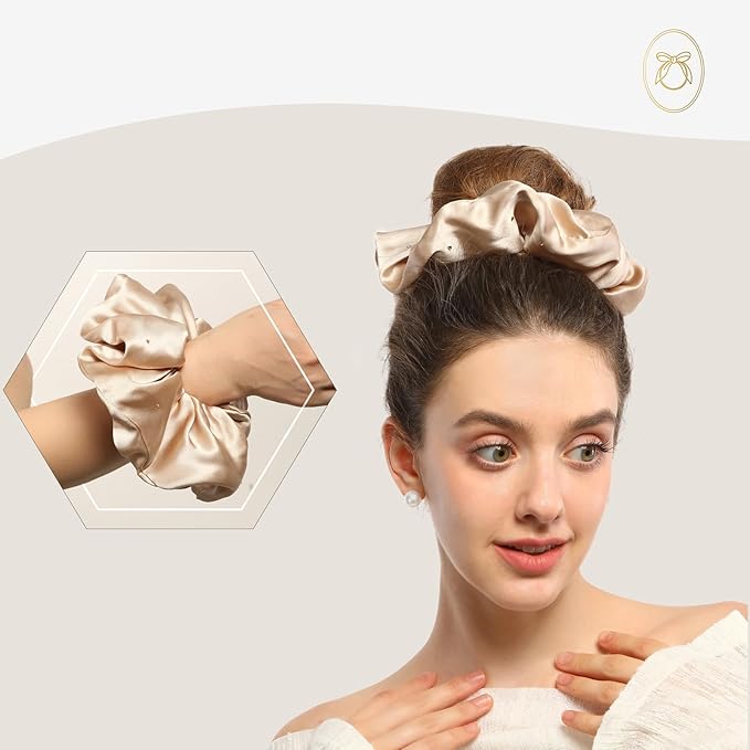100% Mulberry Silk Scrunchies for Women Ponytail Holders – Plus Rhinestone-Embellished Design for Curly, No Damage Hair Ties for Curly, Thick, and Thin - Hair Accessories for Women (Champagne)