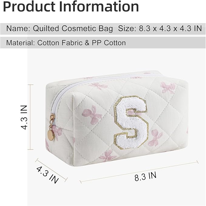 Gleyemor Personalized Initial Makeup Bag for Women, Cute Quilted Pink Floral Cotton Cosmetic Bag, Christmas Gifts for Her Mom Friend Sister Bridesmaid Teacher Women S