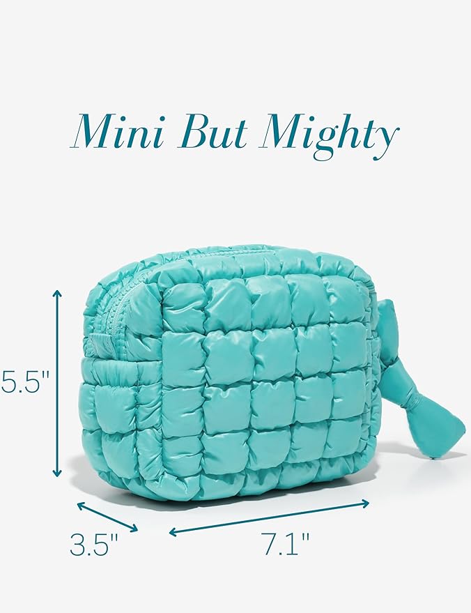 Yarnic Quilted Makeup Bag Puffy Cosmetic Bag, Quilt Travel Toiletry Bag Puffer for Women, Cute Makeup Bag Organizer Soft Makeup Pouch (Turquoise, S)