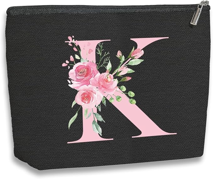 A-Z Personalized Cosmetic Bag Monogrammed Makeup Bags Bridesmaid Gifts Custom Toiletry Pouch Gifts for Women Mom Best Friend Sister Bride Bridesmaid (K)