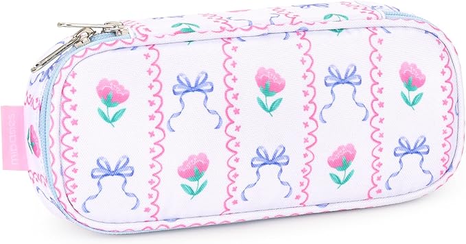 mibasies Girls Pencil Case for Kids, Multi-Slot Pencil Pouch, Bowknot Rose Sky Blue