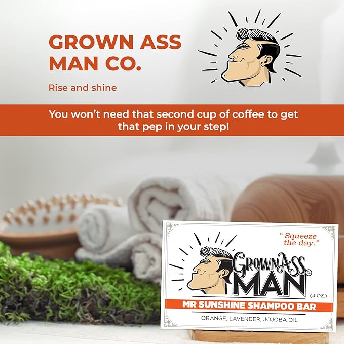 Grown Ass Man Co. - Solid Shampoo Bar Rich Lather 3 in 1: Hair, Beard & Body Wash - Plastic Free & Eco-Friendly, Natural & Organic Clean for All Hair Types, 4oz Bar (Mister Sunshine, Single)
