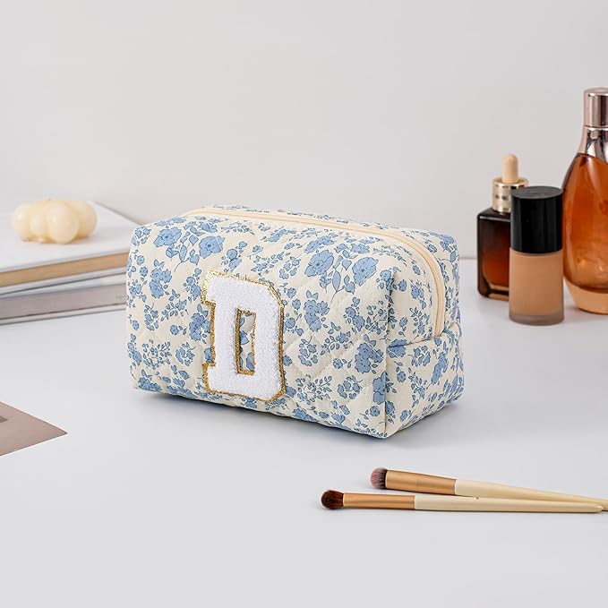 Gleyemor Personalized Initial Makeup Bag for Women, Cute Quilted Blue Floral Cotton Cosmetic Bag, Christmas Gifts for Her Mom Friend Sister Bridesmaid Teacher Women D