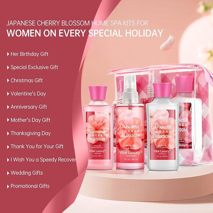 Japanese Cherry Blossom Spa Gift Set for Women and Girls, Bath and Body Care Kit with Gel, Lotion, Mist, Travel Size, with Natural Extracts - Body Care Kit for Birthday, Mother's Day, Christmas Gifts