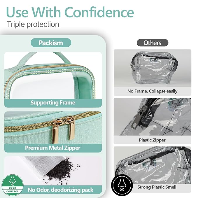 PACKISM TSA Approved Toiletry Bag - Glitter Textured Clear Makeup Bag, Personalized and Fashion, with 180° Large Opening and Supporting Frame, Perfect for Travel Essentials, Thick No Smell, Green