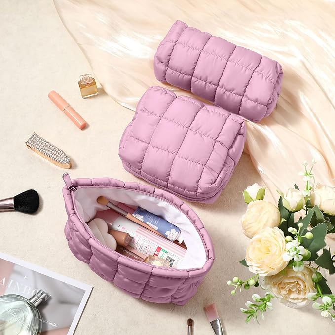 3 Pcs Puffy Makeup Bag Quilted Cosmetic Pouch for Women Cute Checkered Travel Toiletry Bag Puffer Makeup Organizer Purse Pouch Preppy Pencil Case with Zipper(Nude Pink)