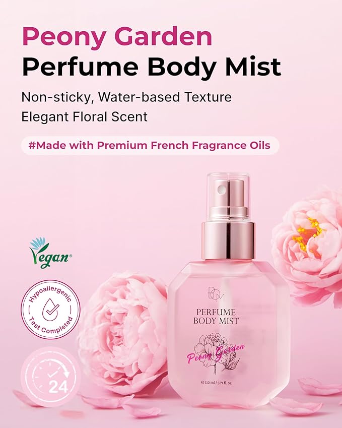 BOM Peony Garden Perfume Body Mist 3.71 Fl Oz, Floral Scented Fine Mist with Hyaluronic Acid, Niacinamide & Vitamin C, Hydrating, Lightweight Body Perfume, Long-Lasting Fragrance, Korean Skincare