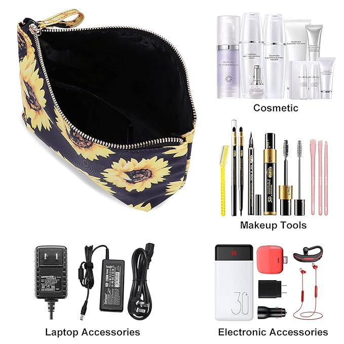 Cosmetic Bag for Women Make up Storage Pouch Case Portable Zipper Travel Accessories Organizer for Toiletry Water Repellent, Sunflower