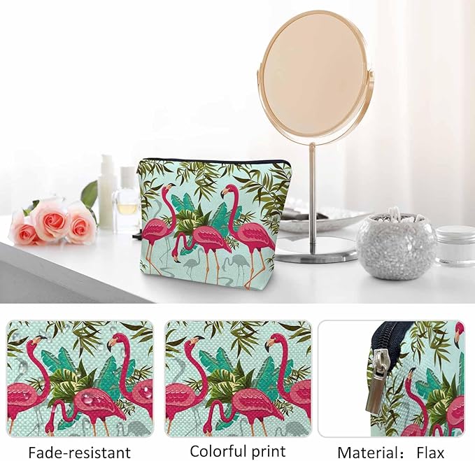 Women Makeup Organizer Bag Flamingo Exotic Flamingo Tropical Palms Flax Cosmetic Bag Makeup Bags Toiletry Bag Accessories Organizer Travel Bags For Home Bathroom Office Hotel Gym Pink Green